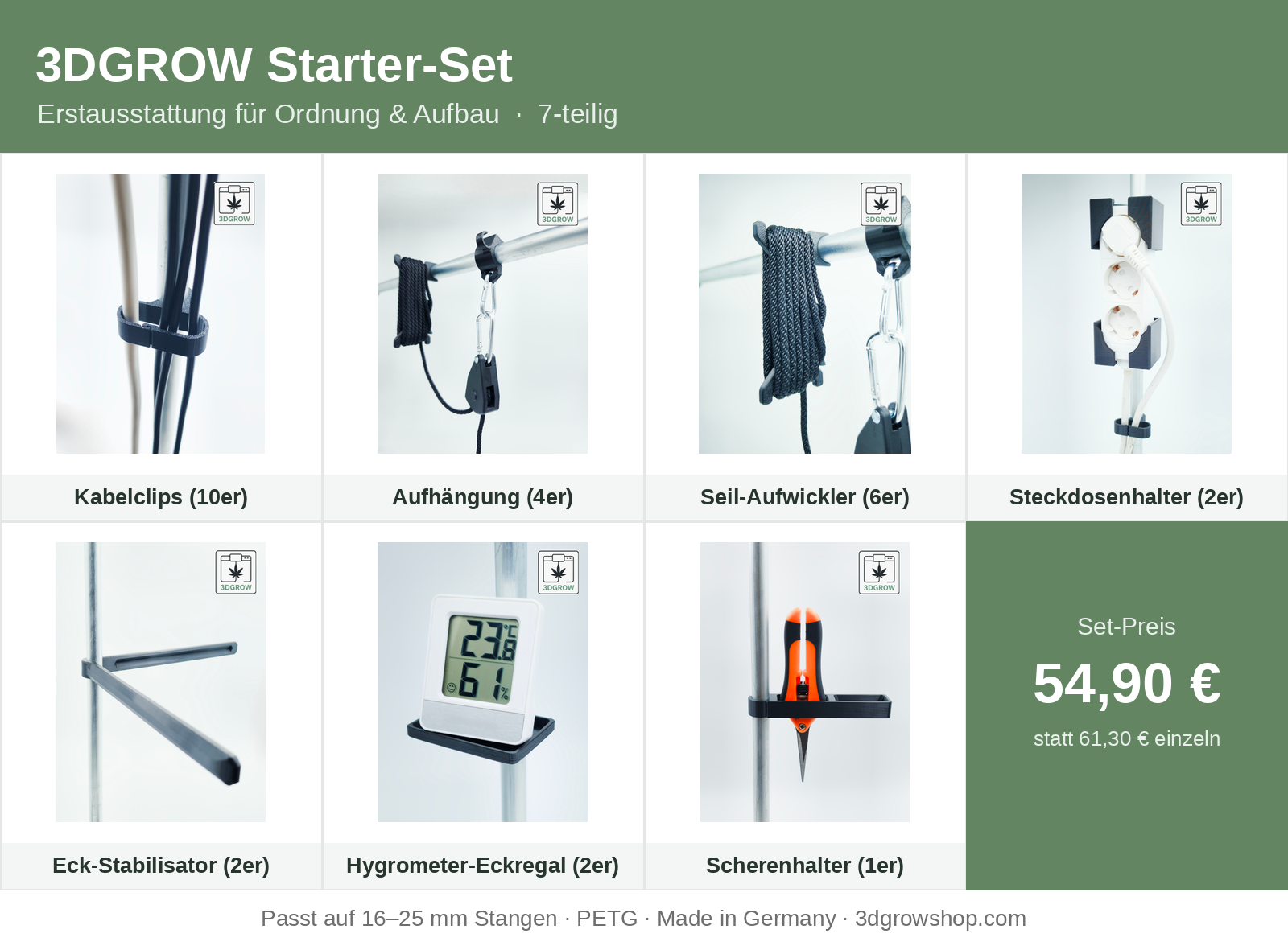3DGROW Starter-Set Lieferumfang: Kabelclips, Aufhängung, Seil-Aufwickler, Steckdosenhalter, Eck-Stabilisator, Hygrometer-Eckregal und Scherenhalter für Growzelt-Stangen 16–25 mm